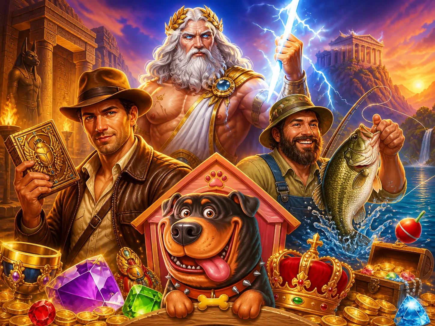 Promotional artwork depicting vibrant slot game characters and worlds, featuring mythological and adventure themes.