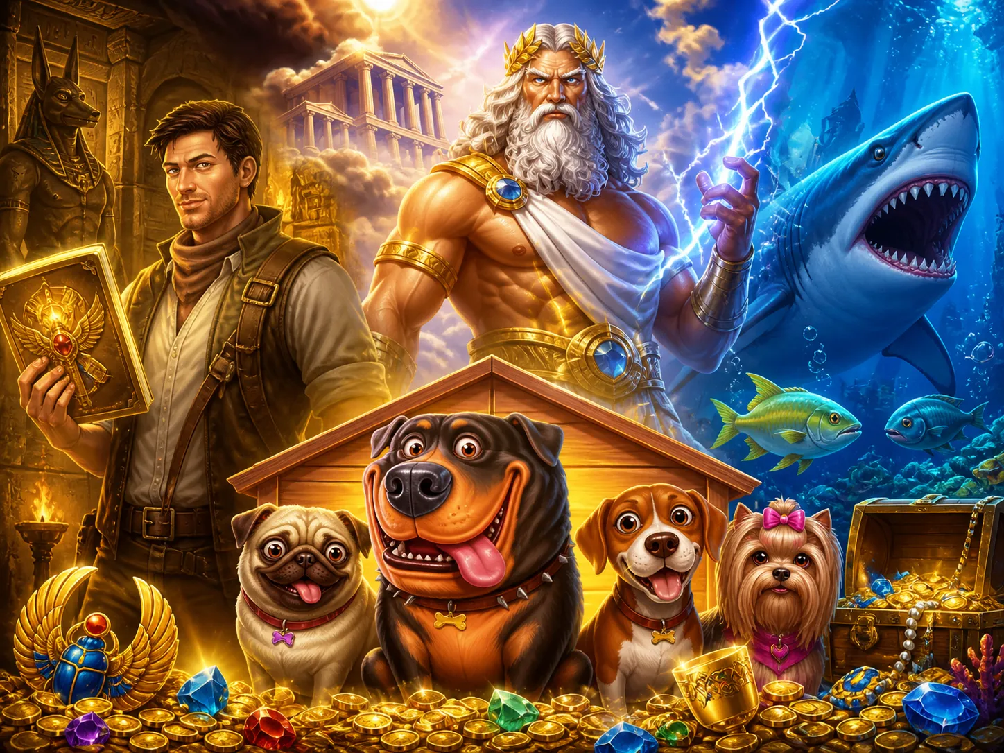 Artwork featuring bison character in a vibrant slot-game environment with symbols and colorful landscapes.