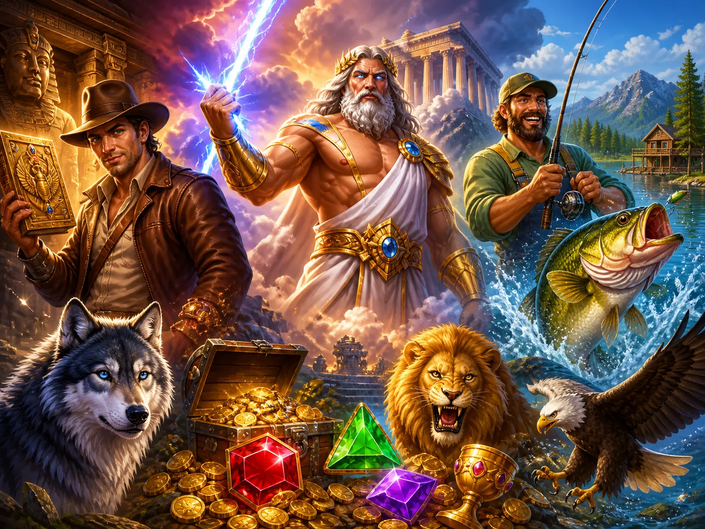 Illustration of vibrant fantasy slot game characters and mystical environments